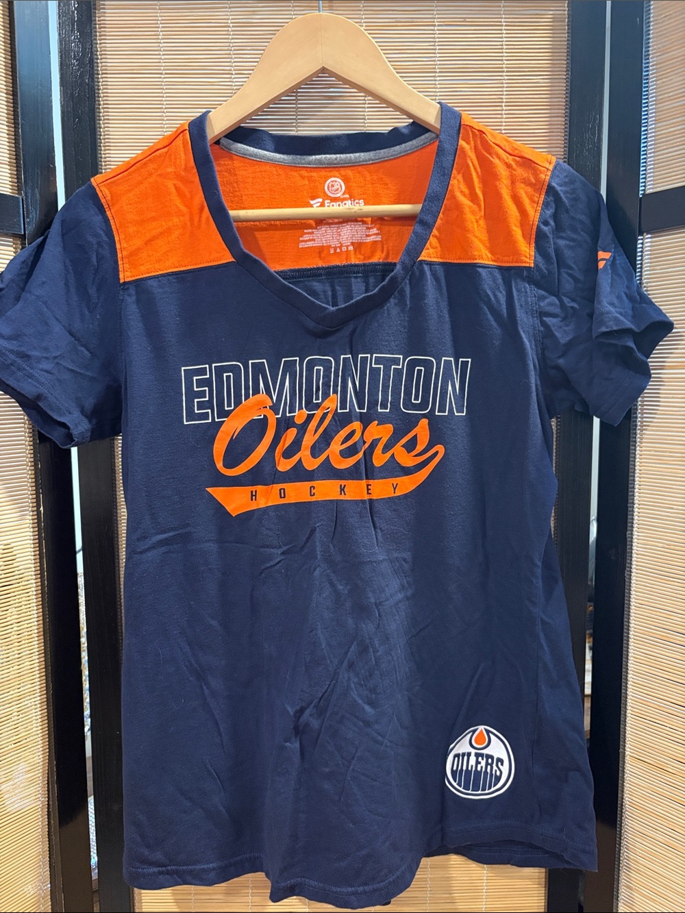 Fanatics Navy and Orange Edmonton Oilers V-Neck Tee